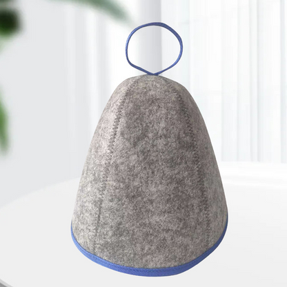 Supplier photo of the gray felt Arctic Nut Banya Hat with blue trim on a plain background