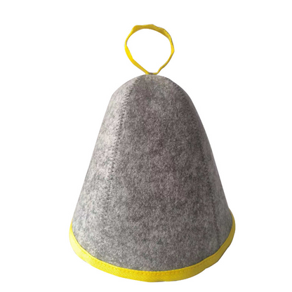 Supplier photo of the gray felt Arctic Nut Banya Hat with yellow trim on a plain background
