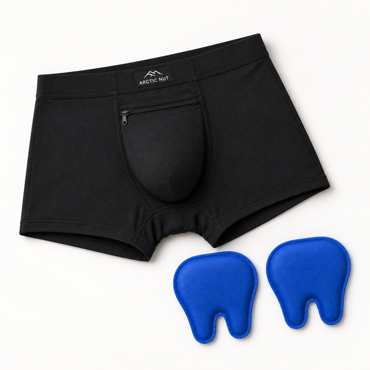 One black Cooling Brief with its zippered front pocket and two separate reusable blue gel packs