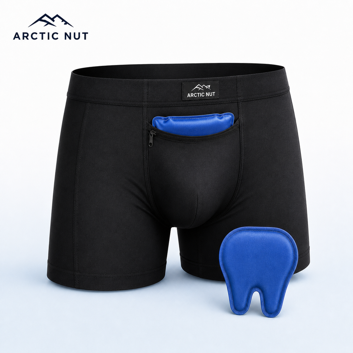 Arctic Nut Cooling Brief in Black with one blue contoured gel pack in the zippered cooling pocket and a second reusable pack beside it.