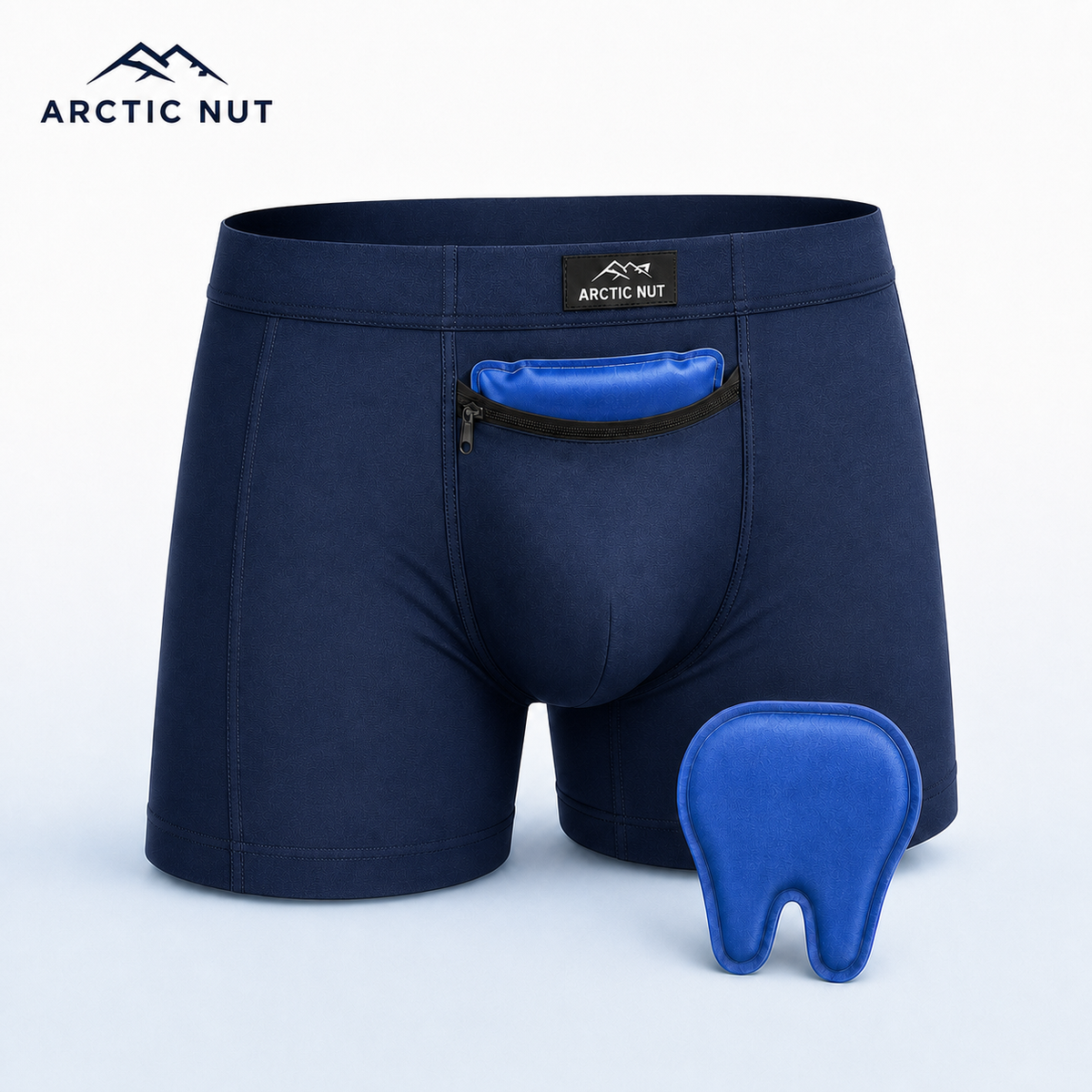 Arctic Nut Cooling Brief in Blue with one blue contoured gel pack in the zippered cooling pocket and a second reusable pack beside it.