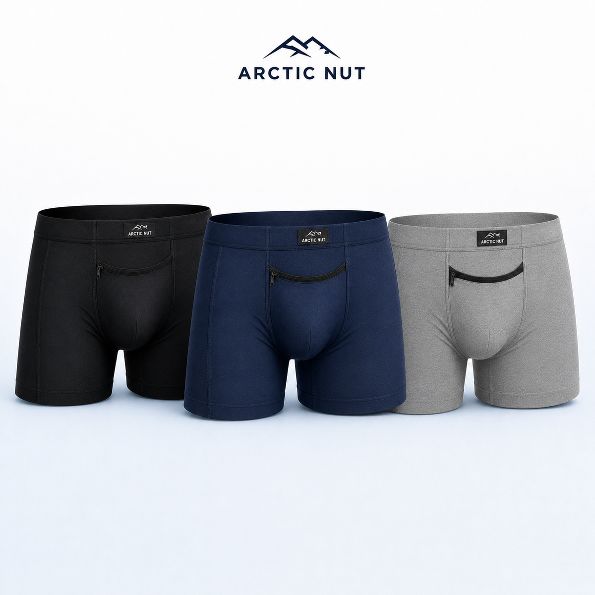 Arctic Nut Cooling Brief color lineup in Black, Blue, and Grey with branded zippered cooling pockets.