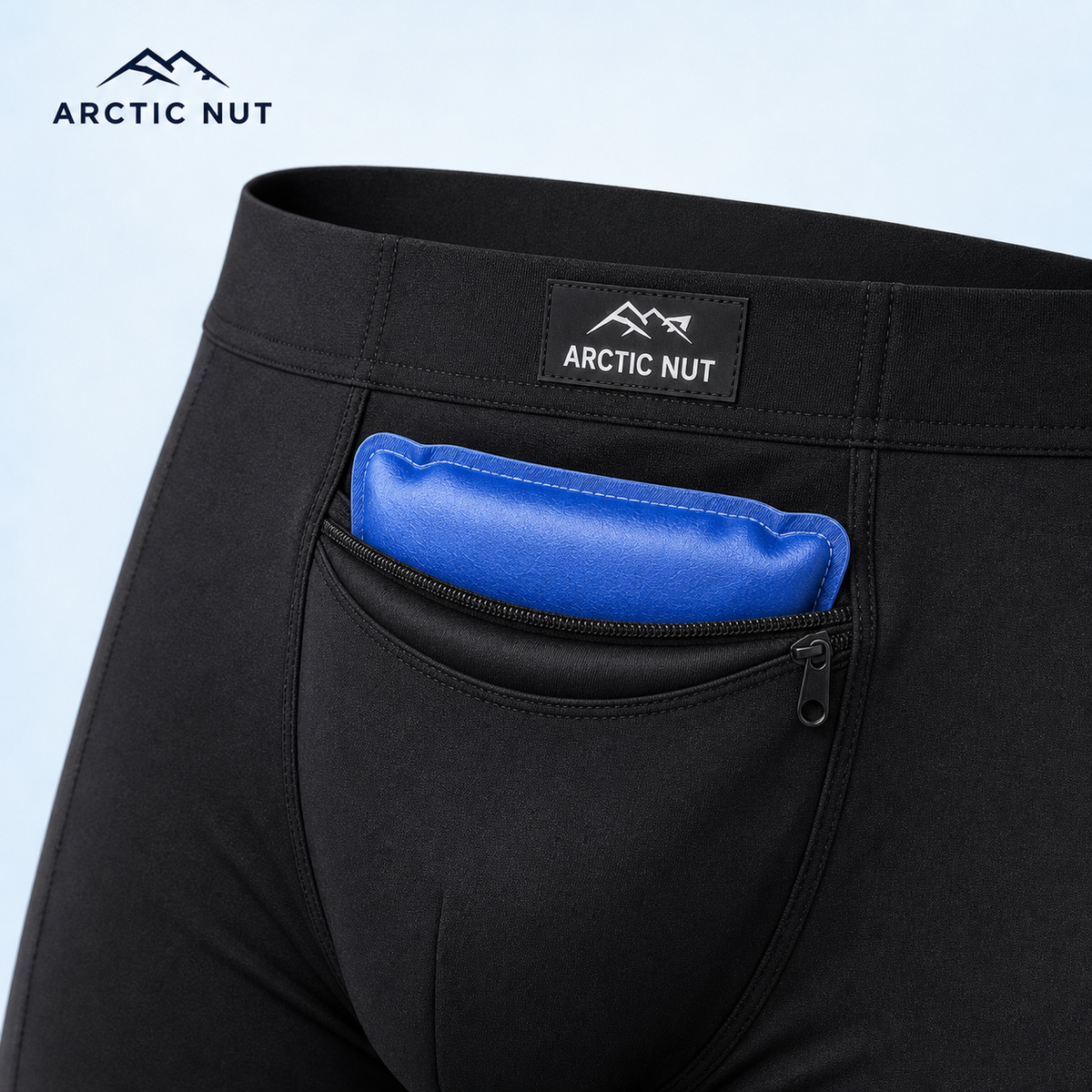Close-up of the Arctic Nut Cooling Brief zippered front pocket holding one contoured gel pack.