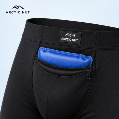 Close-up of the Arctic Nut Cooling Brief zippered front pocket holding one contoured gel pack.