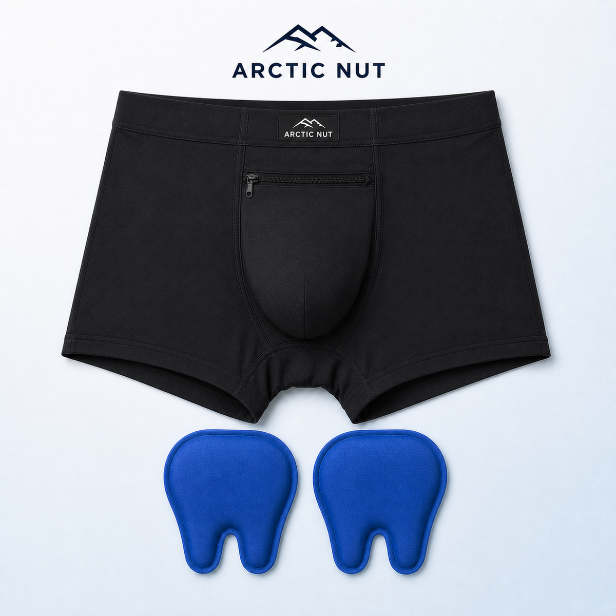 Arctic Nut Cooling Brief in Black laid flat with two contoured reusable gel packs and the Arctic Nut logo.