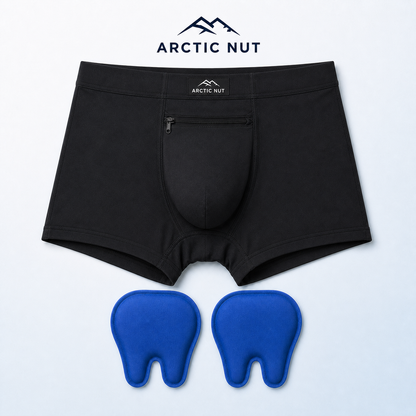 Arctic Nut Cooling Brief in Black laid flat with two contoured reusable gel packs and the Arctic Nut logo.