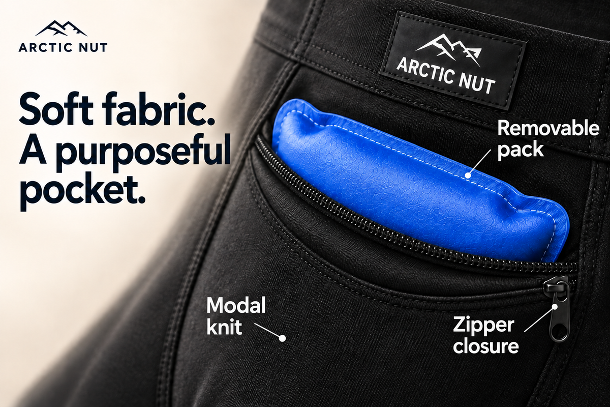 Soft fabric. A purposeful pocket. Macro illustration of the black Cooling Brief, with callouts identifying modal knit, zipper closure and removable blue pack.