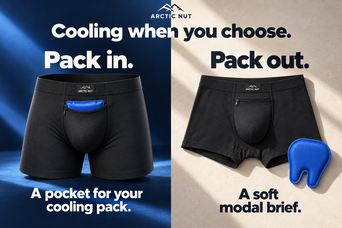 Cooling when you choose. Pack in: a pocket for your cooling pack. Pack out: a soft modal brief. A wide diptych shows the same black Cooling Brief with a pack inserted, then with its pocket empty and pack removed.