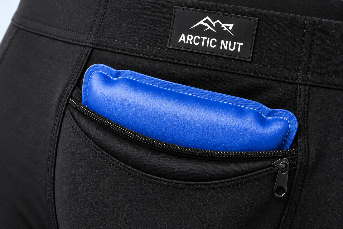 A close view of the Arctic Nut Cooling Brief pocket and removable blue gel pack.