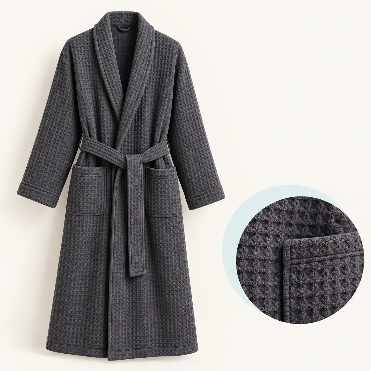 Product study of the gray Cotton Waffle Robe with shawl collar, belt and patch pockets, with magnified waffle fabric detail