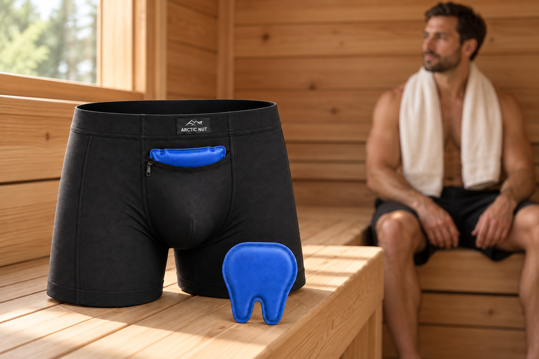 An Arctic Nut Cooling Brief and blue gel packs on a cedar sauna bench, with an adult resting in the background.