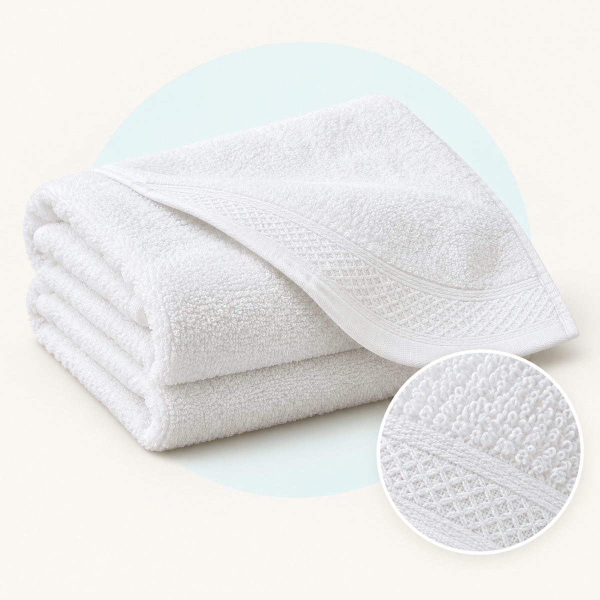 Product study of one folded white cotton bath towel, with magnified terry loop and woven border detail