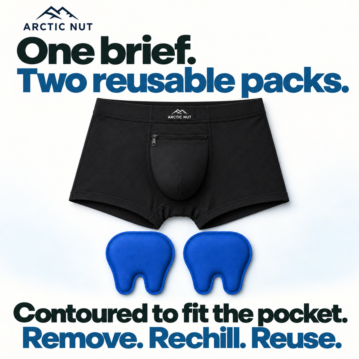 One brief. Two reusable packs. Contoured to fit the pocket. Remove. Rechill. Reuse. One black Arctic Nut brief with an empty zipped pocket and two separate blue contoured gel packs.