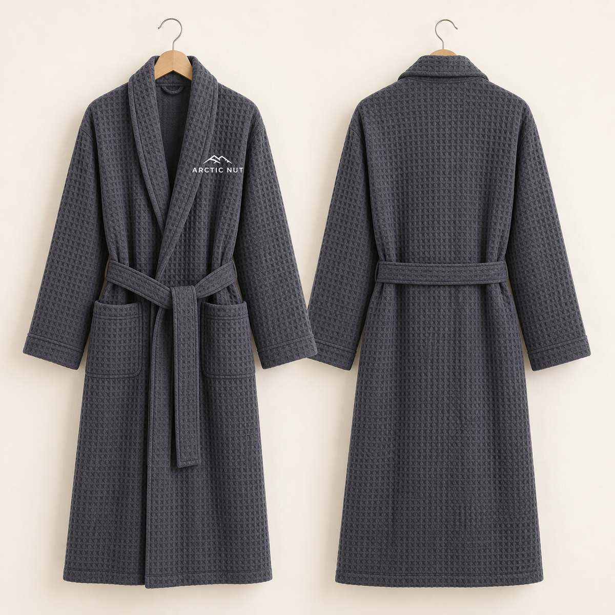 Front and rear views of the Gray Arctic Nut waffle robe showing its collar, belt, pockets, full hem, and plain hoodless back
