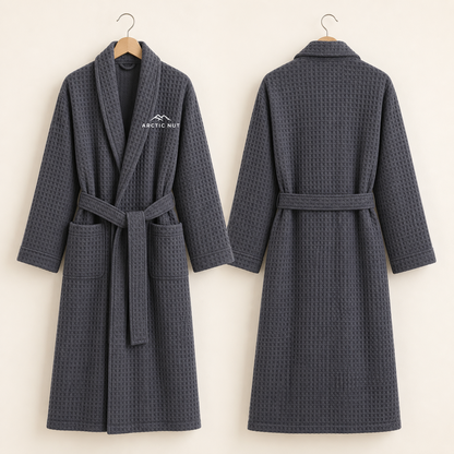 Front and rear views of the Gray Arctic Nut waffle robe showing its collar, belt, pockets, full hem, and plain hoodless back